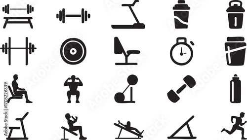 Vector gym symbols set including stopwatch workout equipment and health supplements