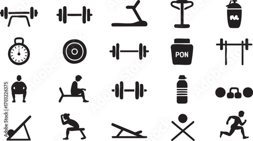 Sports fitness vector icons set with bodybuilding supplements cardio and training gear