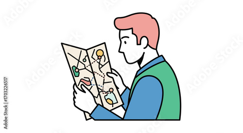 Man Studying a Detailed Map for Navigation and Planning.