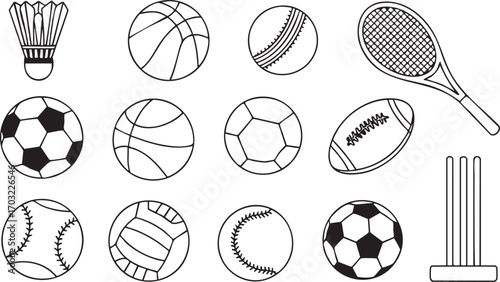 Sports ball icons vector outline set with basketball baseball bowling tennis volleyball soccer football and rugby illustration design