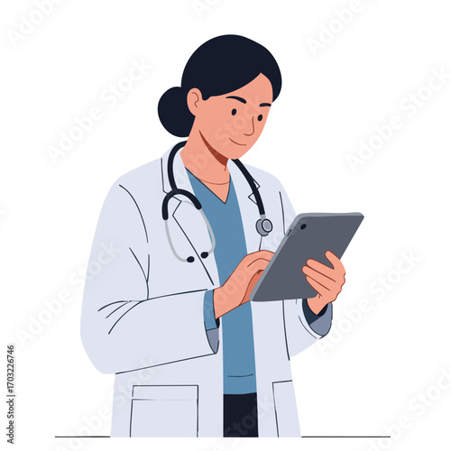 A female doctor in a white coat is looking at a tablet, possibly reviewing patient information.