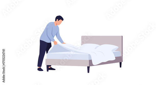 Man Making a Bed in a Bedroom.