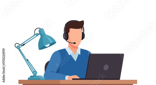 Customer Support Agent Working on Laptop.