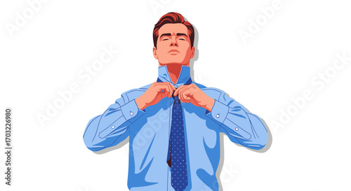 Professional man adjusting his tie and collar getting ready for work.