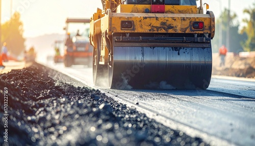 An asphalt roller is compacting fresh asphalt on a road construction site. Other construction vehicles and workers are visible in the background.