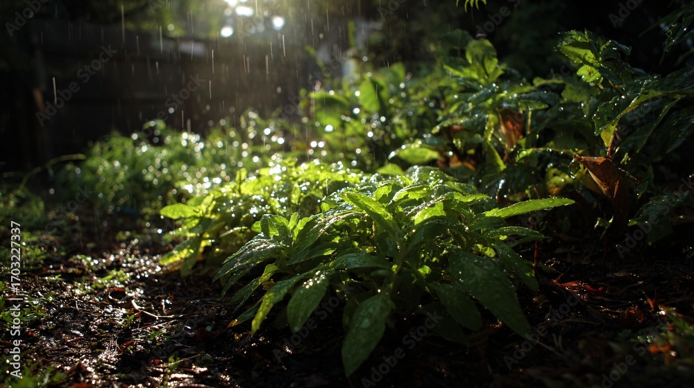 Obraz premium Freshly watered garden bed glistening in morning sunlight