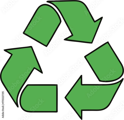 Green universal recycling symbol with three chasing arrows in a loop. A vector icon sign for environmental conservation and sustainability
