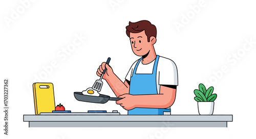 Man Cooking Fried Egg in Kitchen.