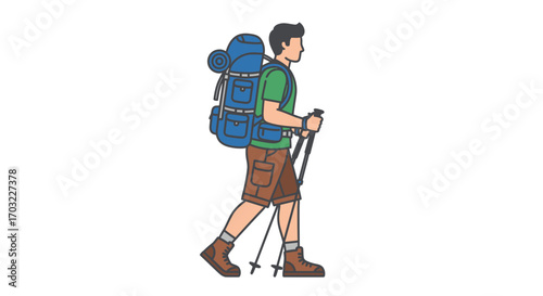 Man Hiking with Backpack and Trekking Poles.