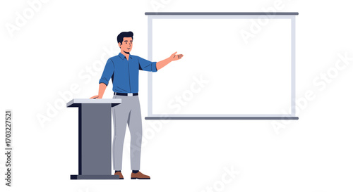 Man giving presentation on whiteboard.