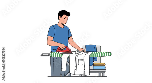 Man ironing clothes diligently at home.
