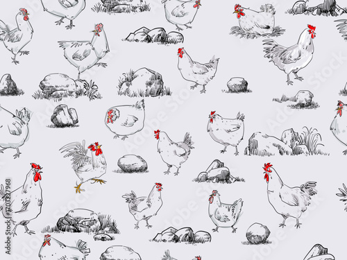 Seamless pattern with line art hand drawn chicken, hens, rooster vector illustration background. Engraving poultry farm animal design for art print, paper, wall, textile and fabric.