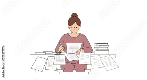 Woman Concentrating on Important Documents.