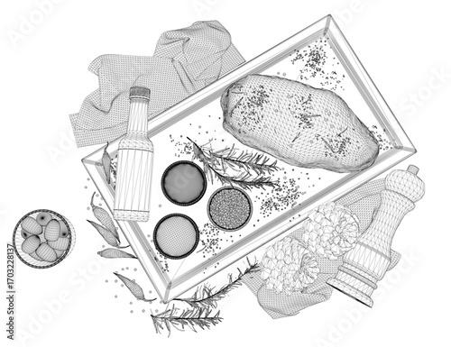 Black and white wireframe illustration of a food tray with a bottle, leaves, and various objects on a clean white background.