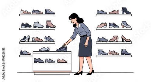 Woman choosing shoes from a display shelf in a shoe store.