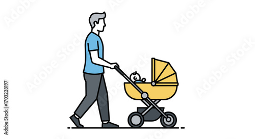 Father pushing baby stroller in park.