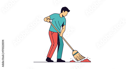 Man Sweeping Floor with Broom, Cleaning Illustration.