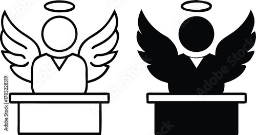 Innocence Icons. Black And White Vector Illustrations. Man With Wings And Halo Over His Head. Not Involved In Crime, Misdemeanor, Or Other Evil Deed. Justice Concept

