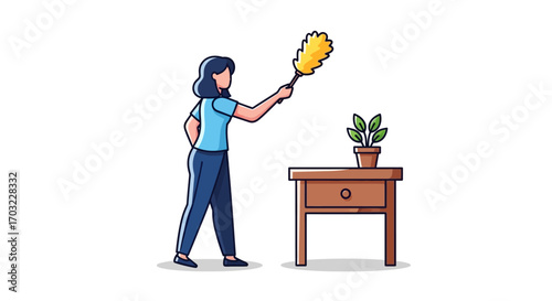 Woman Cleaning a Table with a Duster.