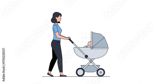 Mother Walking with Baby Stroller Illustration.