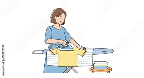 Woman ironing a yellow shirt on ironing board.