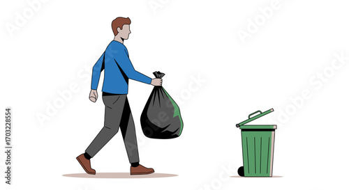 Man Carrying Garbage Bag to Green Bin.