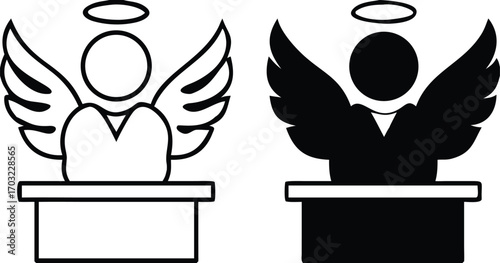 Innocence Icons. Black And White Vector Illustrations. Man With Wings And Halo Over His Head. Not Involved In Crime, Misdemeanor, Or Other Evil Deed. Justice Concept


