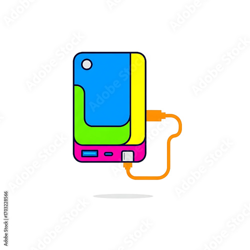 Colorful Power Bank Charging with Cable Icon, Vector Illustration, Technology Concept