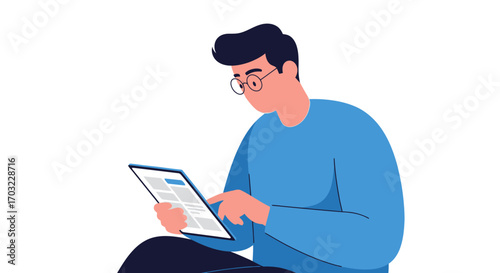 Man Focused on Tablet Screen.