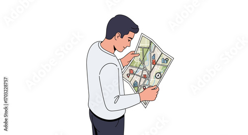 Young man carefully studying a paper map for directions.