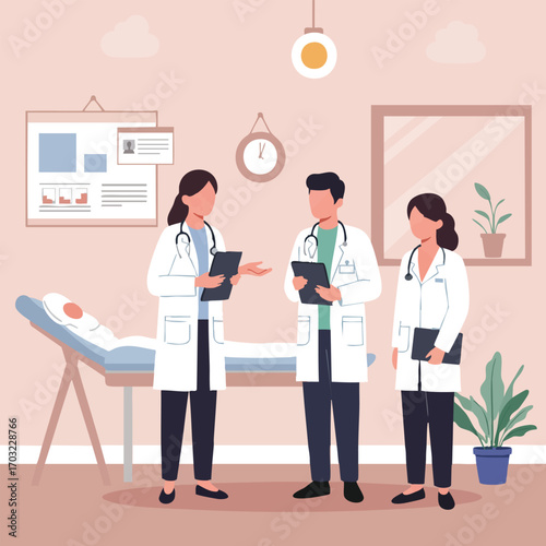 Three doctors, two women and one man, in white coats with stethoscopes, discussing in a medical examination room with a patient on a bed.