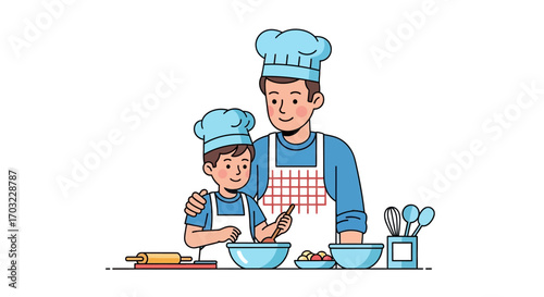 Father and Son Baking Together in Kitchen.