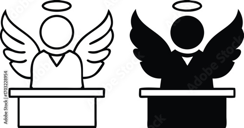 Innocence Icons. Black And White Vector Illustrations. Man With Wings And Halo Over His Head. Not Involved In Crime, Misdemeanor, Or Other Evil Deed. Justice Concept

