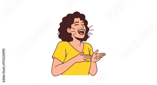 Woman laughing heartily with hands on chest.