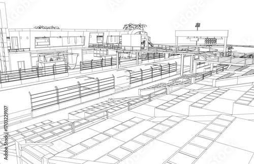 A black and white contour drawing of a race track building with numerous stairs, railings, and surrounding trees set against a clean white background.