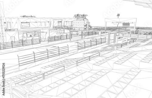 A wireframe building with numerous stairs and railings, surrounded by trees and set against a white background, resembles a race track in a minimalist landscape.