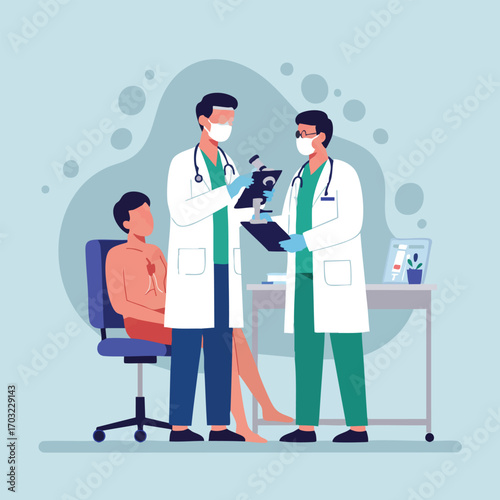 Medical professionals examining a patient in a clinic setting, discussing treatment options.