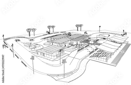 A black and white contour drawing of a race track building surrounded by trees and poles against a clean white landscape background.