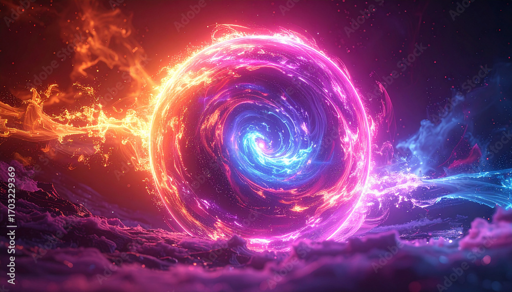 Obraz premium Vibrant energy orb swirling with fiery and cool colors, glowing in sci fi inspired cosmic landscape, radiating light and dynamic motion, evoking awe and wonder