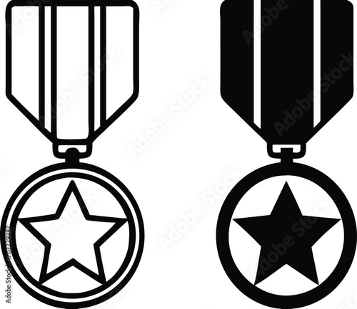 Honor Icons. Black and White Vector Illustration. Medal with Star. Honesty, Loyalty, Justice, Nobility. Reward Concept

