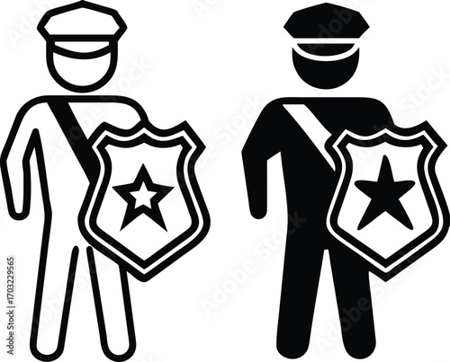 Authority Icons. Black and White Vector Illustrations. Policeman, Officer. Ability To Influence People's Behavior. Justice Concept

