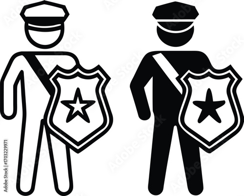 Authority Icons. Black and White Vector Illustrations. Policeman, Officer. Ability To Influence People's Behavior. Justice Concept


