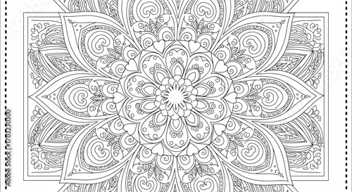 Floral mandala with paisley and teardrop motifs, black and white symmetrical vector design for coloring, meditation, and decorative art