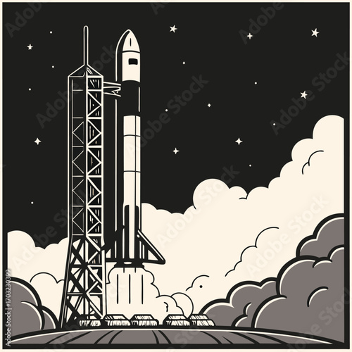 Rocket launch into space with smoke and support structure.