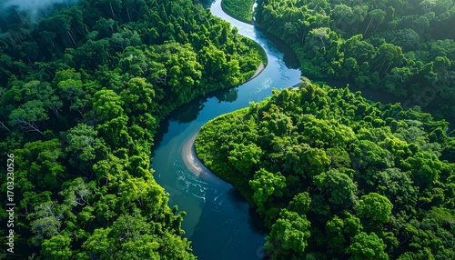Aerial view of a winding river flowing through lush green rainforest.