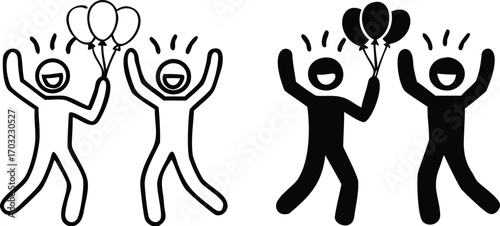 Celebration Icons. Black and White Vector Illustrations. Two People Smiling and Dancing with Balloons. Party, Congratulations on the Important Event. Reward Concept

