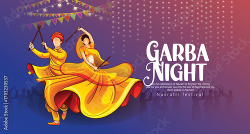 Navratri Festival Greeting Poster With Durga Arms, Couple Playing Garba and Dandiya in Navratri Celebration