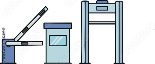 Security checkpoint including a gate and metal detector stands ready, ensuring safety and control in a modern, minimalist style.