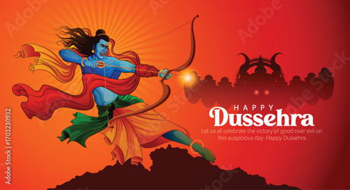 Lord Rama with Bow and Arrow for Dussehra Celebration  symbolizing courage, virtue, and the triumph of good over evil on the auspicious occasion of Dussehra.