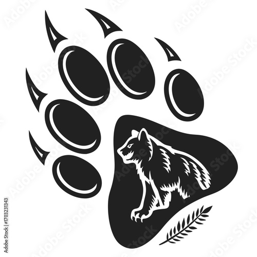 Bear Paw Print with Stylized Bear and Leaf Design.